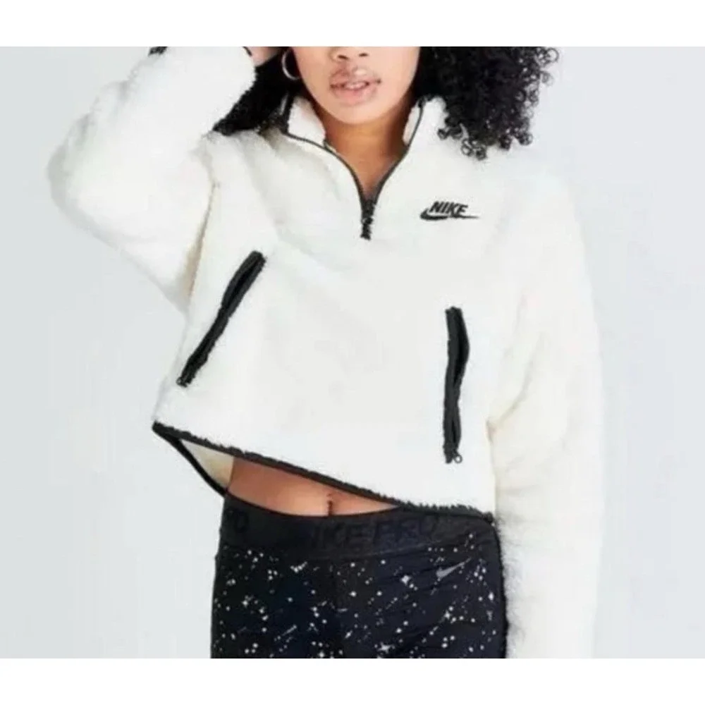 NEW! Nike Sportswear Quarter Zip Crop Sherpa Plush Fleece Shirt Ivory Black SZ M
